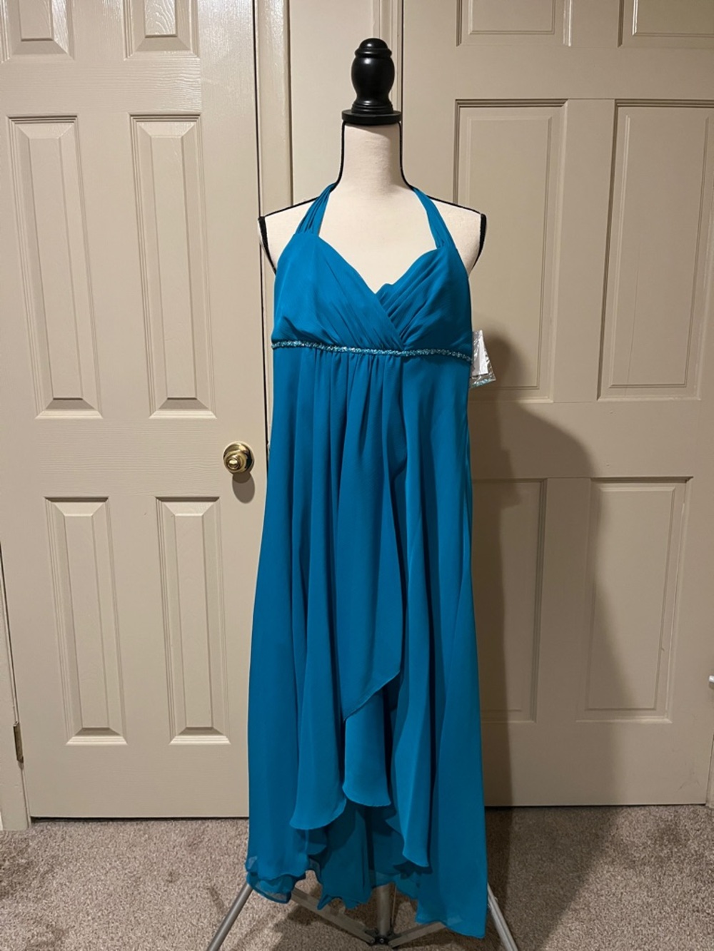 Teal Halter Empire Waist Evening Dress.